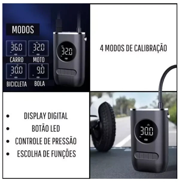 Compressor de Ar Portátil 3 EM 1, Powerbank, Lanterna e Calibrador