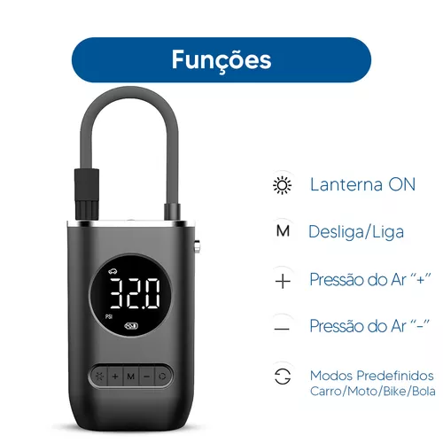 Compressor de Ar Portátil 3 EM 1, Powerbank, Lanterna e Calibrador