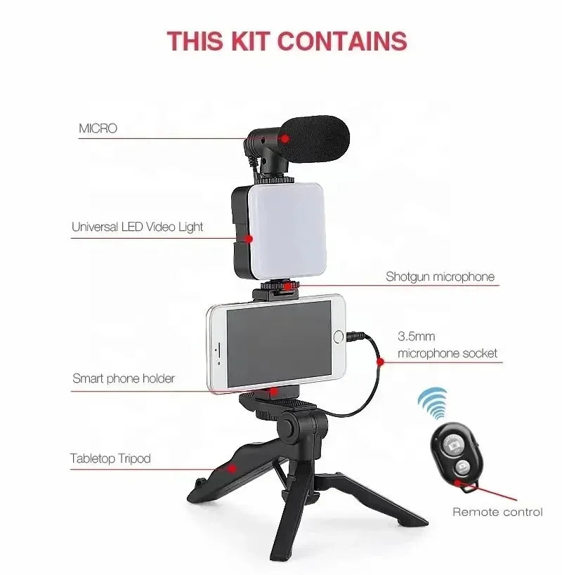 Kit de Vlog para Smartphone com Tripé, Microfone e Led