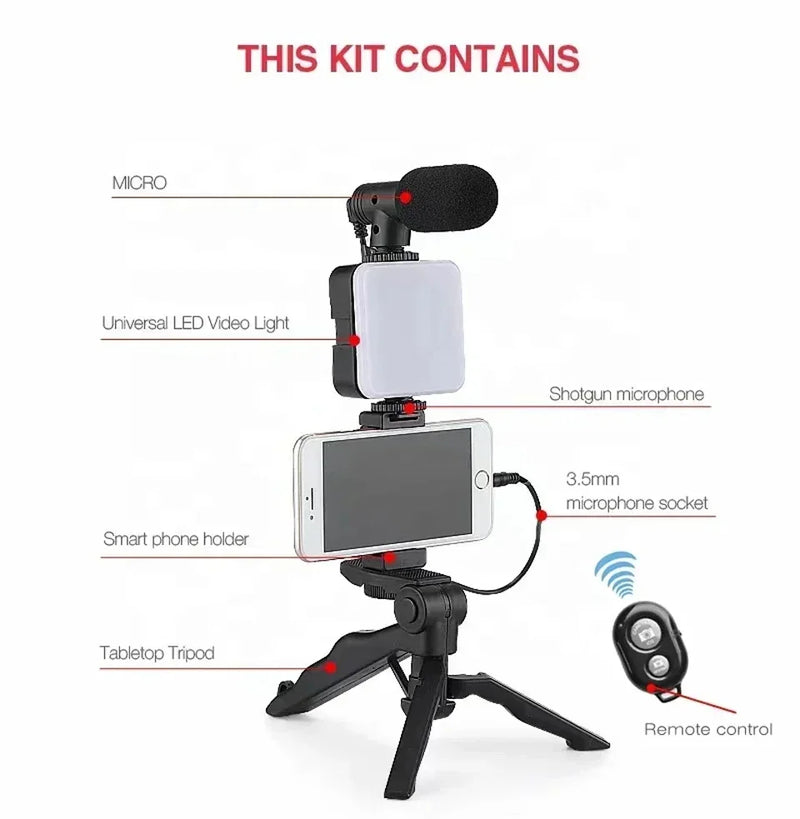 Kit de Vlog para Smartphone com Tripé, Microfone e Led